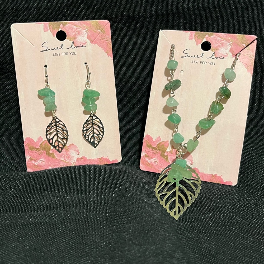 Silver Leaf Jewelry Set with Green Stones
